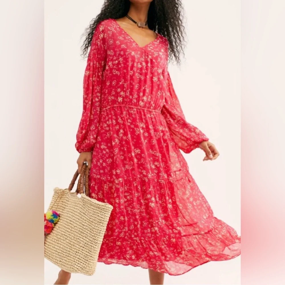 Free People Wallflower Tiered Midi Raspberry Red & Cream Floral Dress Sz M
